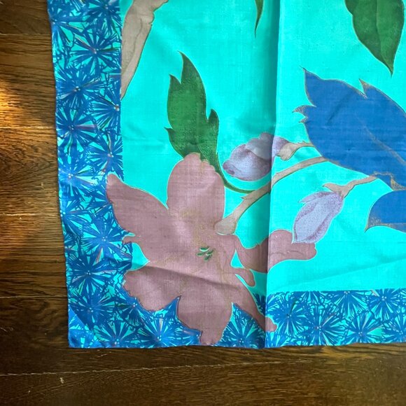NEW Thai Turquoise Silk Scarf - Floral. 33" x 34.5" - Picture 2 of 6